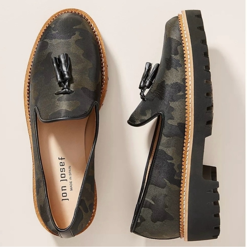 Jon Josef Gogo Heeled Loafers - Khaki/Camouflage, size 7, EUC